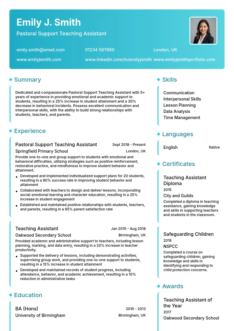 Pastoral Support Teaching Assistant resume example