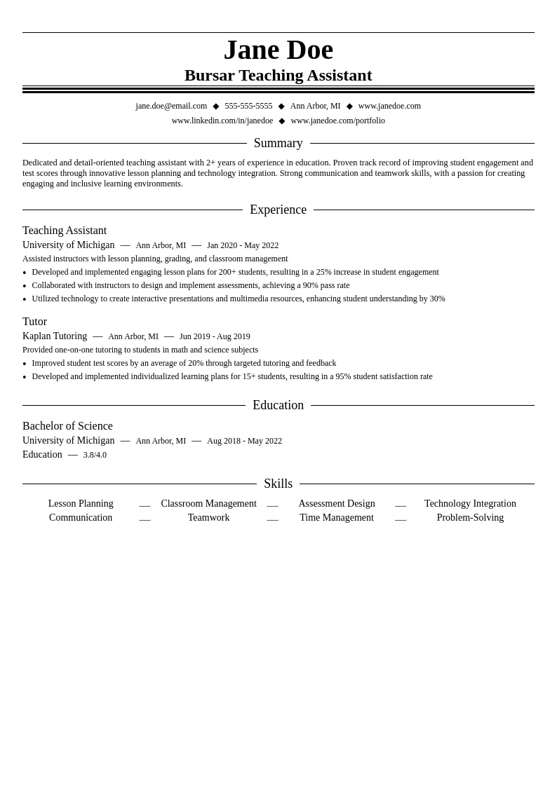 Bursar Teaching Assistant resume example