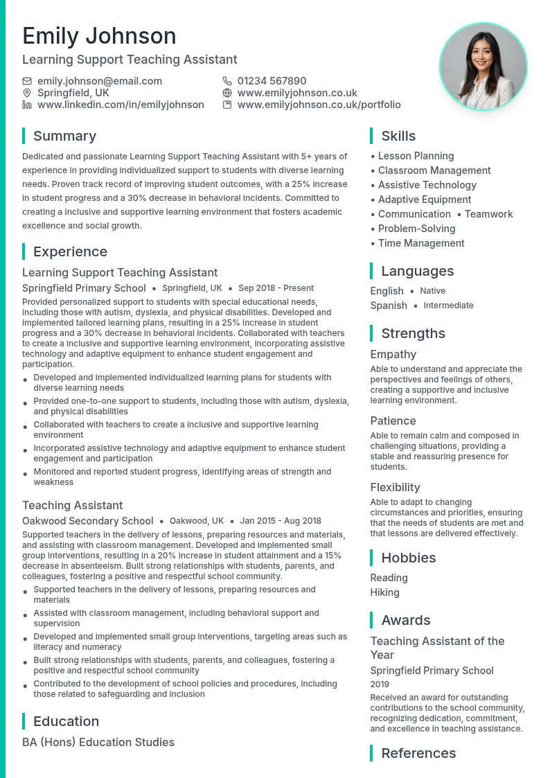 Learning Support Teaching Assistant resume example