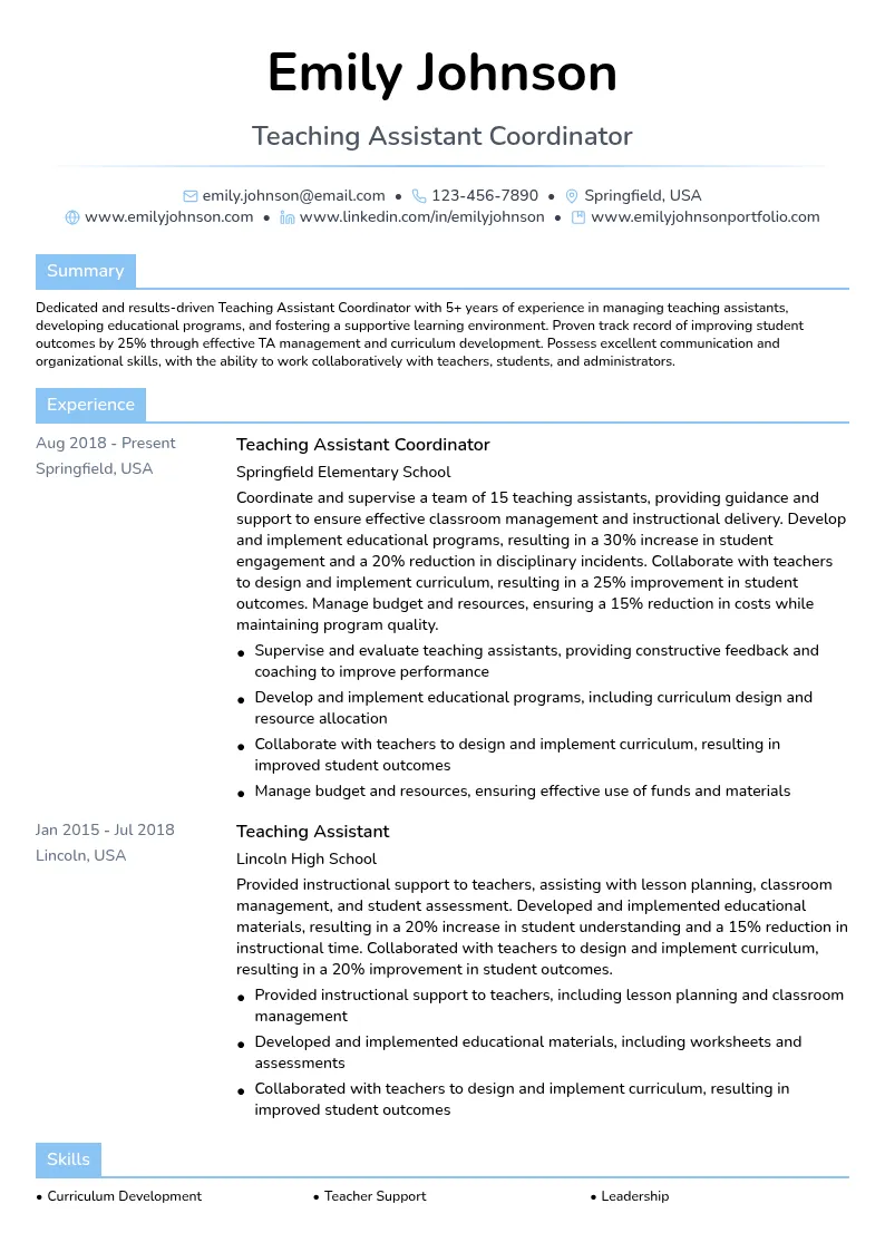 Teaching Assistant Coordinator resume example