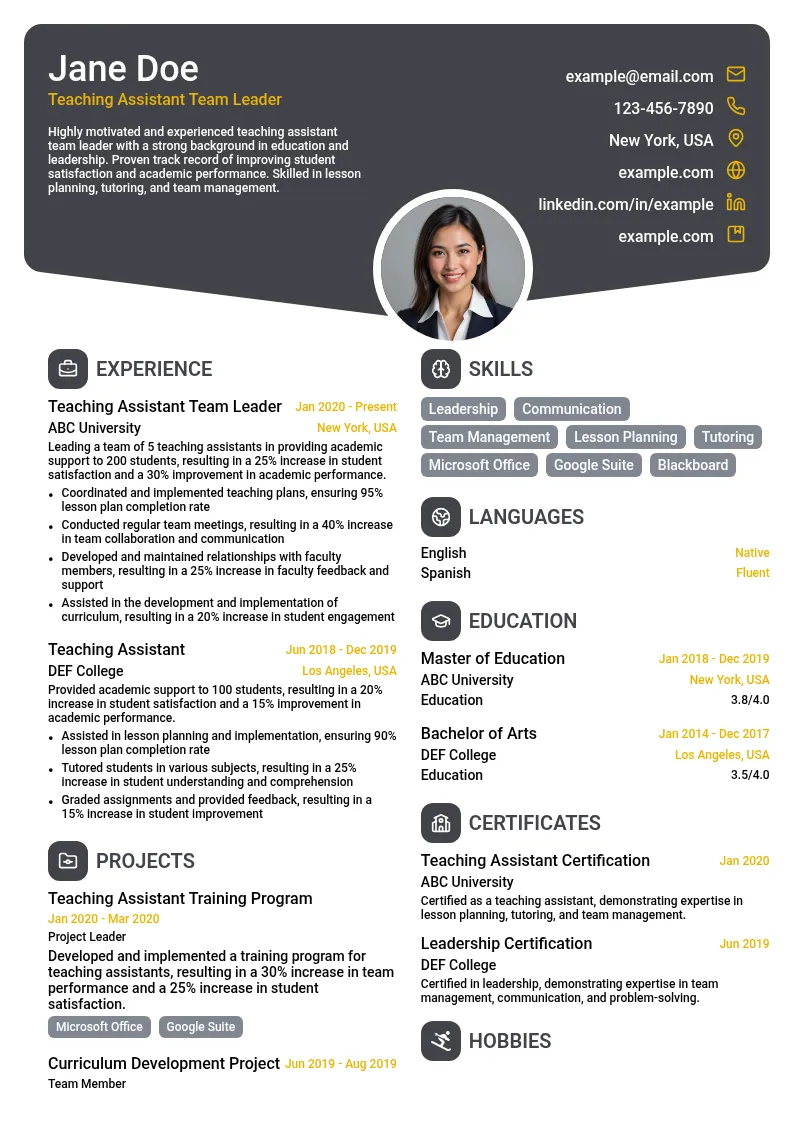 Teaching Assistant Team Leader resume example