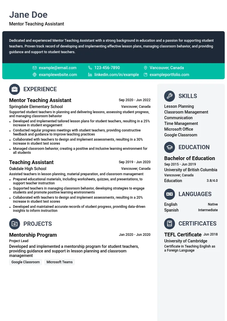 Mentor Teaching Assistant (for student teachers) resume example