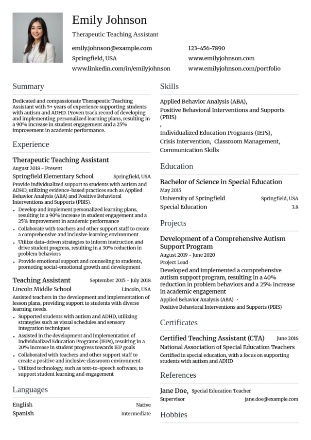 Therapeutic Teaching Assistant (e.g. autism, ADHD) resume example