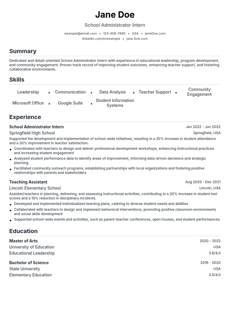 School Administrator Intern resume example