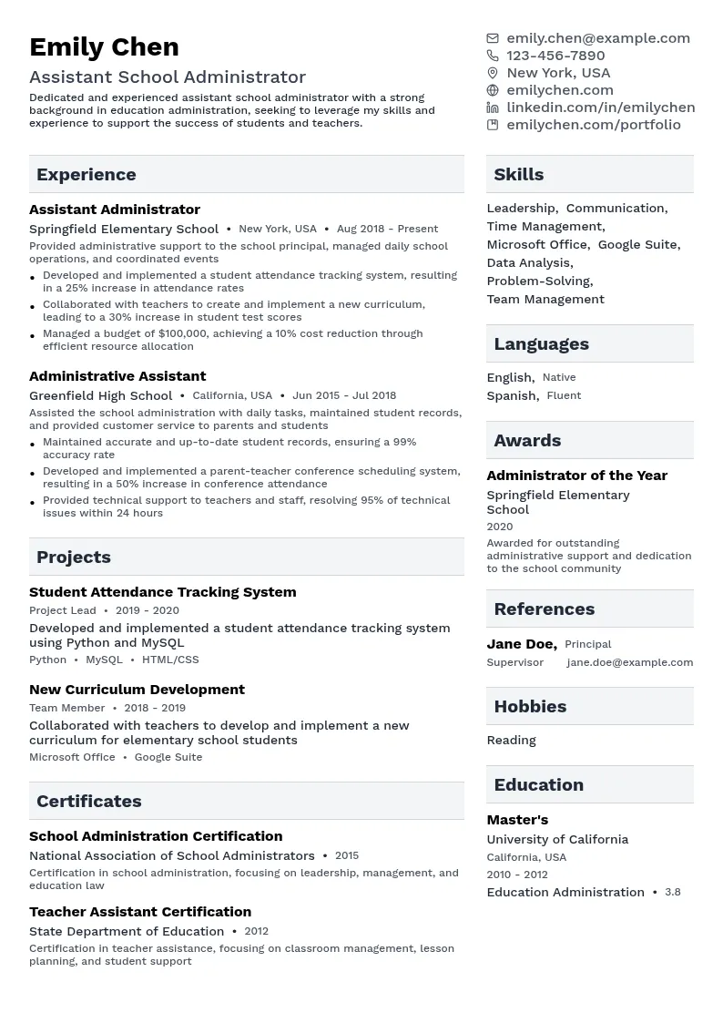 Assistant School Administrator resume example