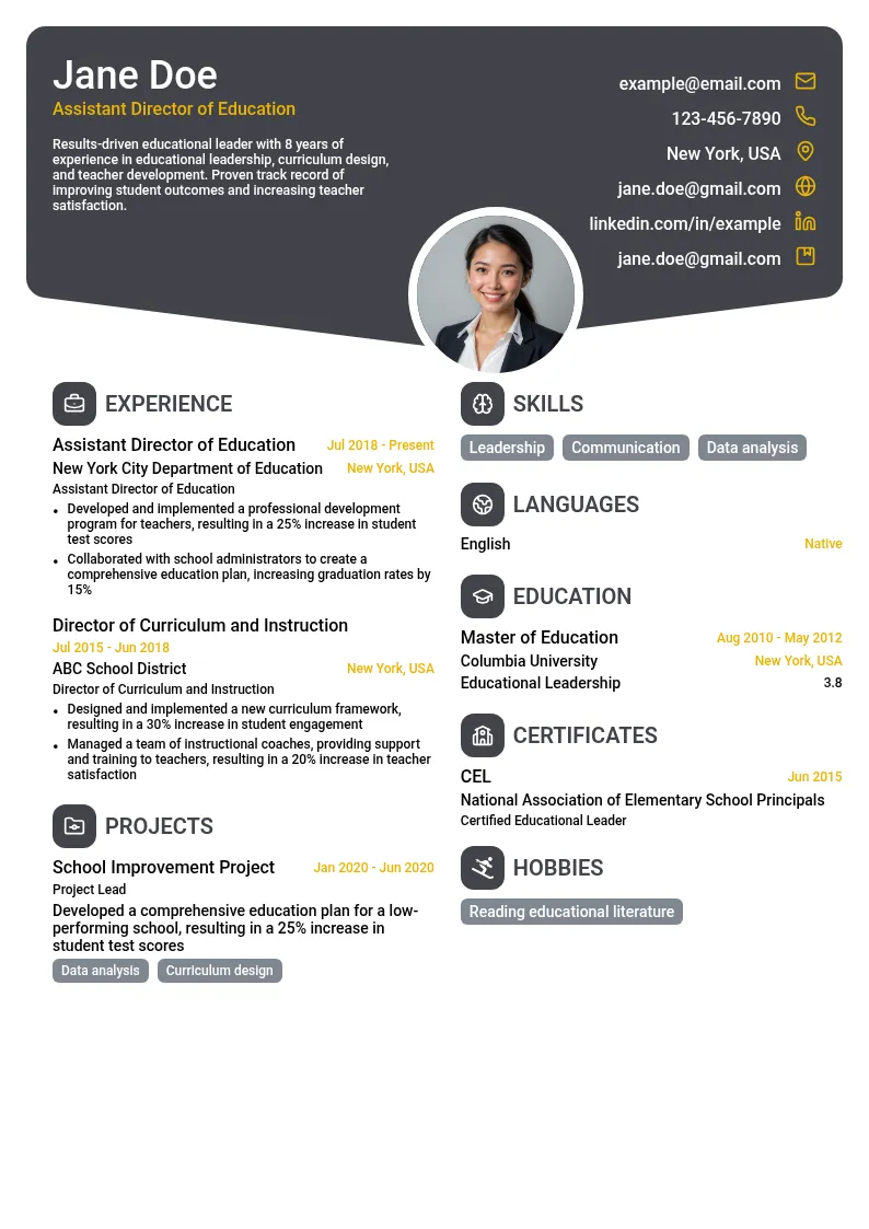 Assistant Director of Education resume example
