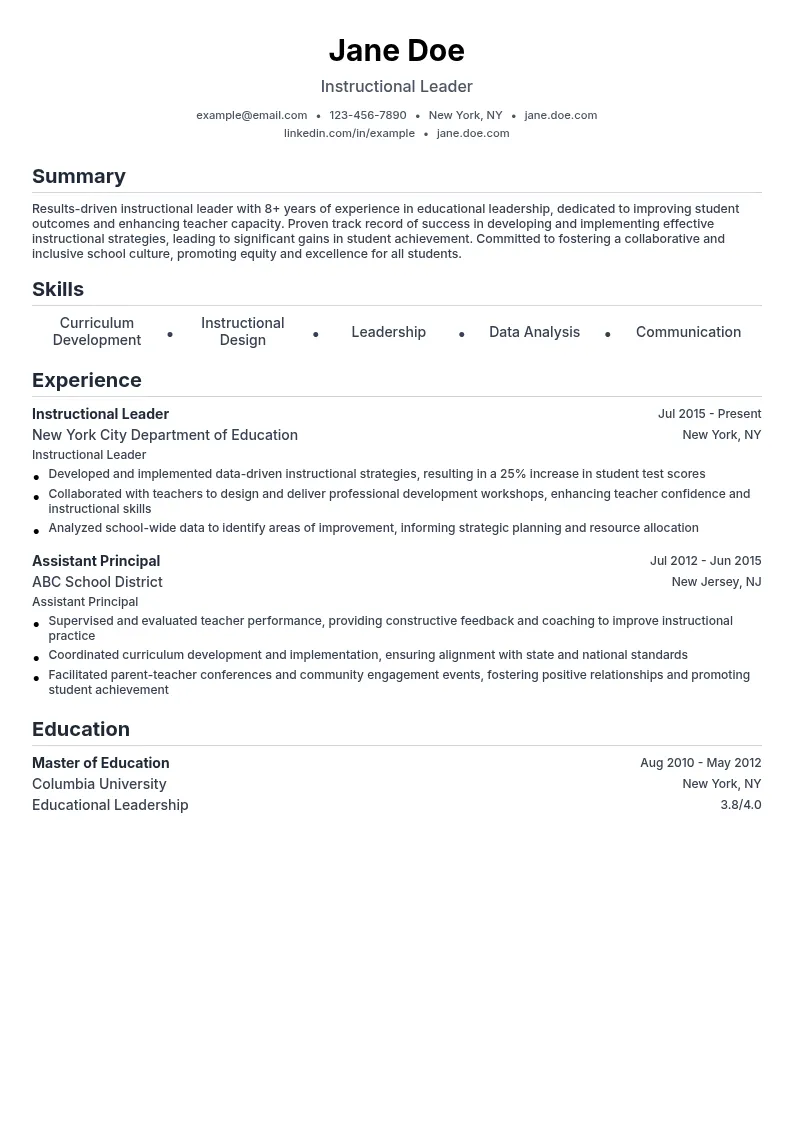 Instructional Leadership resume example
