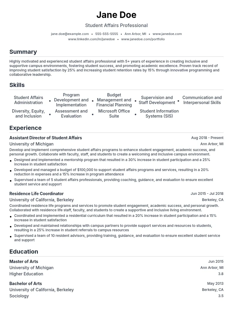 Student Affairs resume example