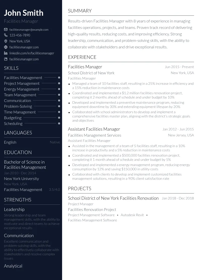 Facilities Management resume example