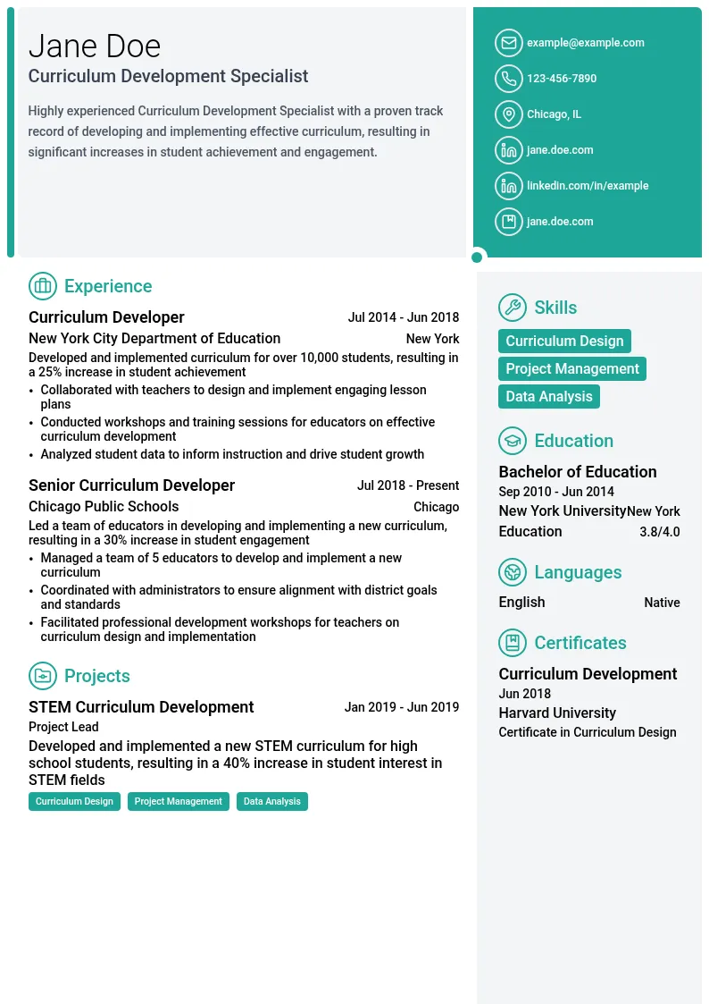 Curriculum Development resume example