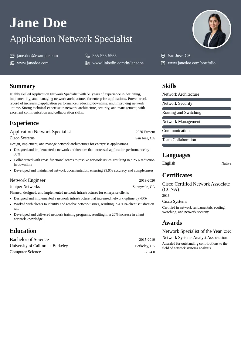 Application Network Specialist resume example