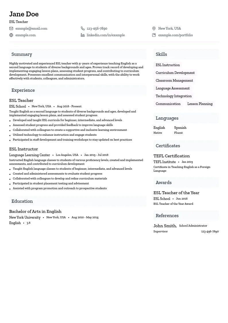 English as a Second Language (ESL) resume example
