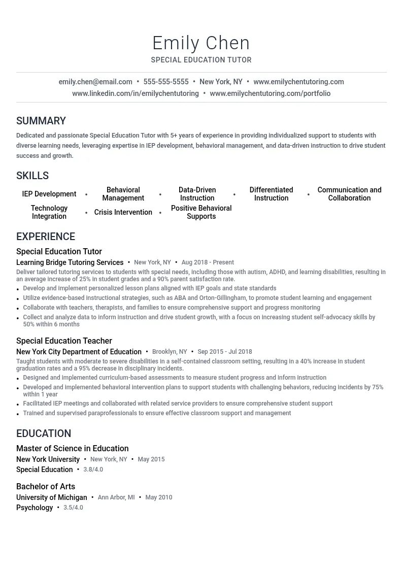 Special Education Tutor resume example