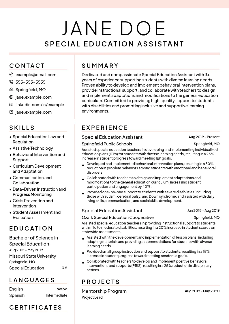 Special Education Assistant resume example