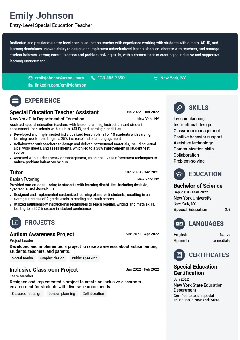 Entry-Level Special Education Teacher resume example