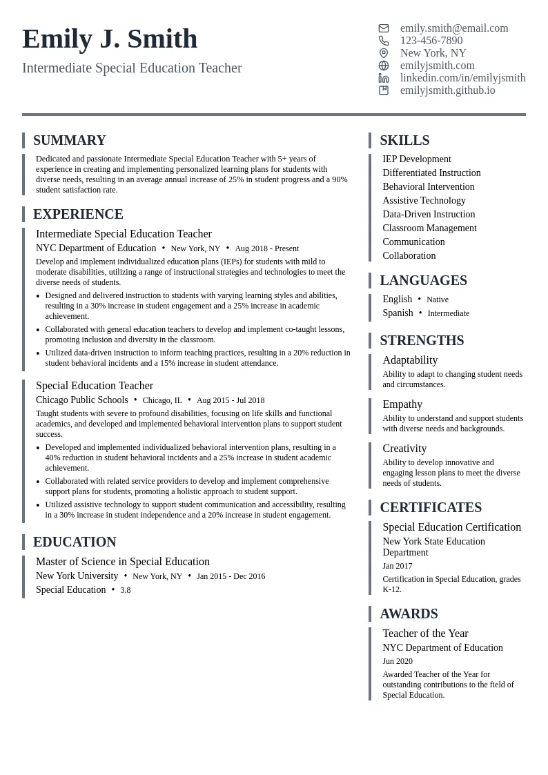 Intermediate Special Education Teacher resume example