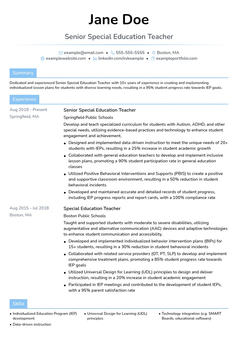 Senior Special Education Teacher resume example
