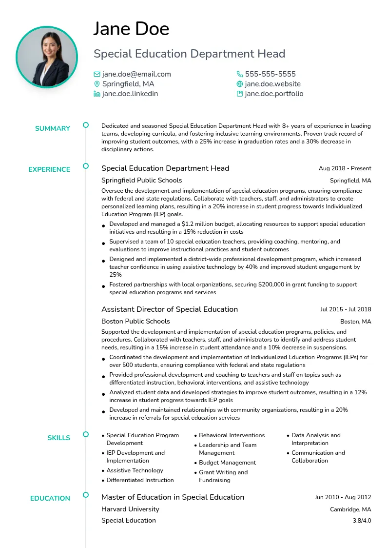 Special Education Department Head resume example