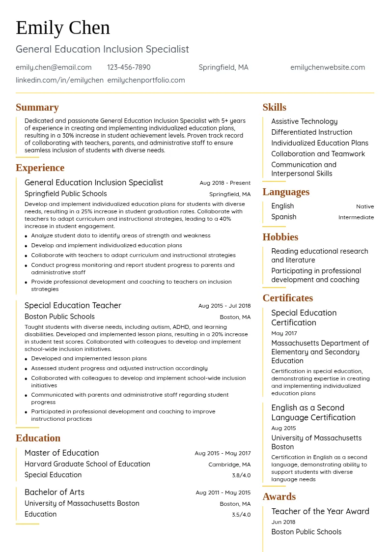General Education Inclusion Specialist resume example