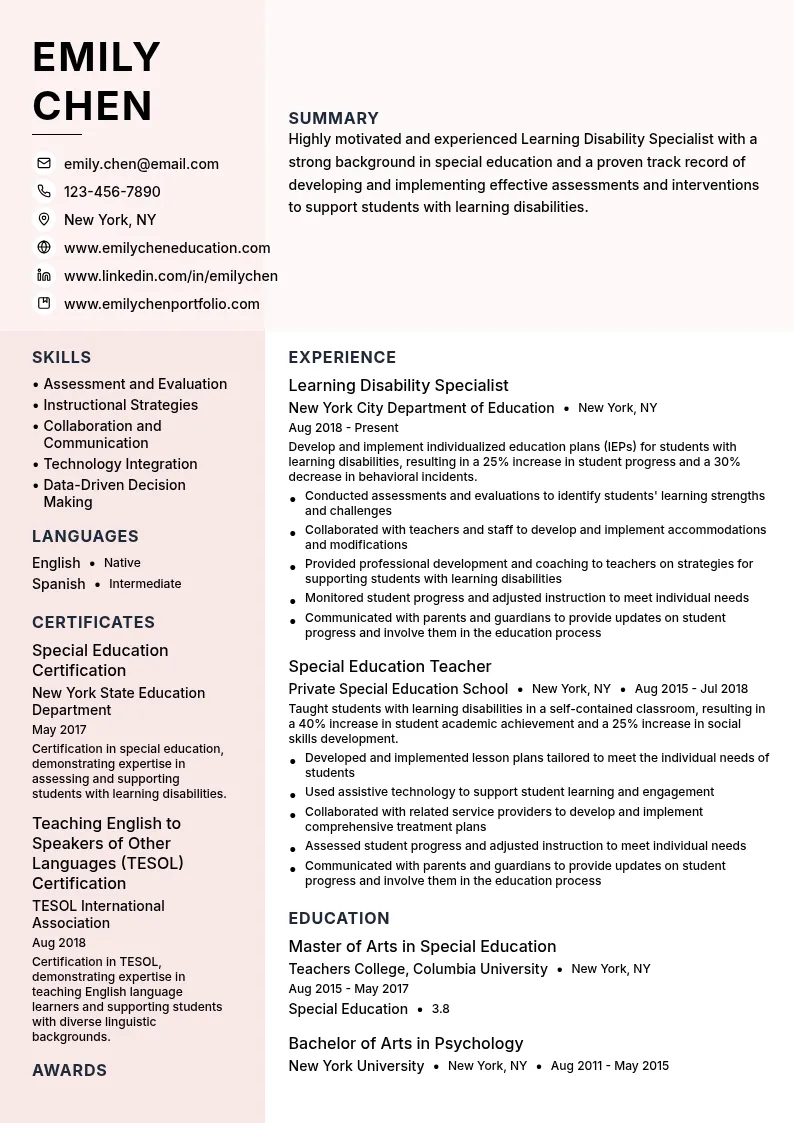 Learning Disability Specialist resume example