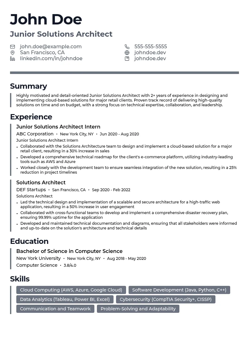 Junior Solutions Architect resume example