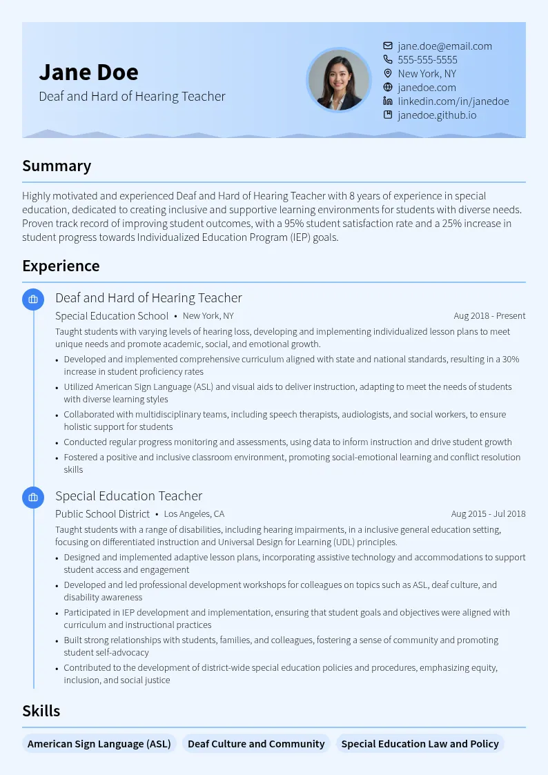 Deaf and Hard of Hearing Teacher resume example