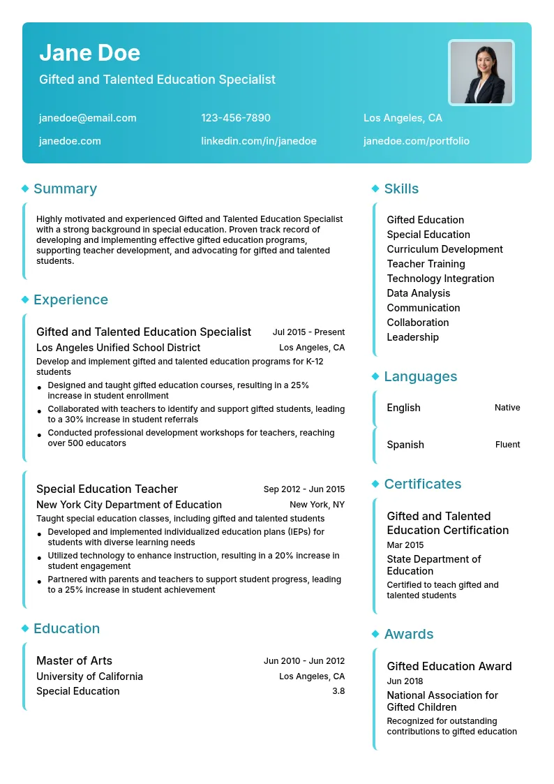 Gifted and Talented Education Specialist resume example
