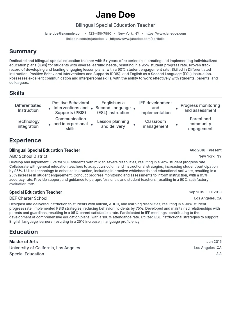 Bilingual Special Education Teacher resume example