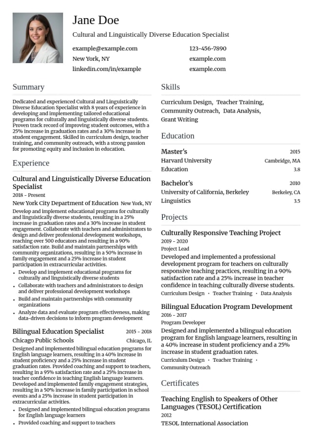 Cultural and Linguistically Diverse Education Specialist resume example