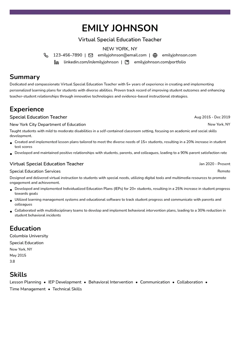 Virtual Special Education Teacher resume example