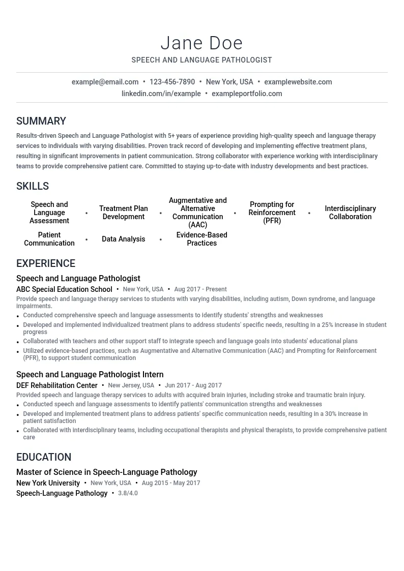 Speech and Language Pathologist resume example