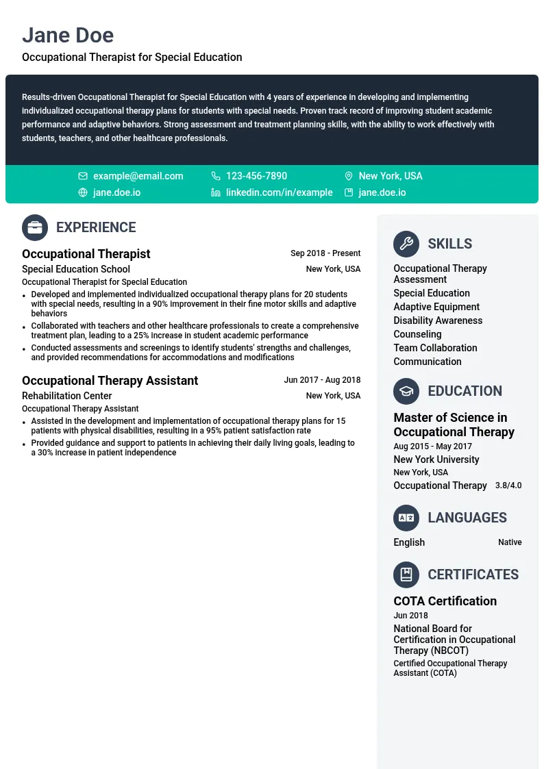Occupational Therapist for Special Education resume example
