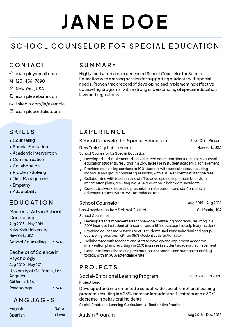 School Counselor for Special Education resume example