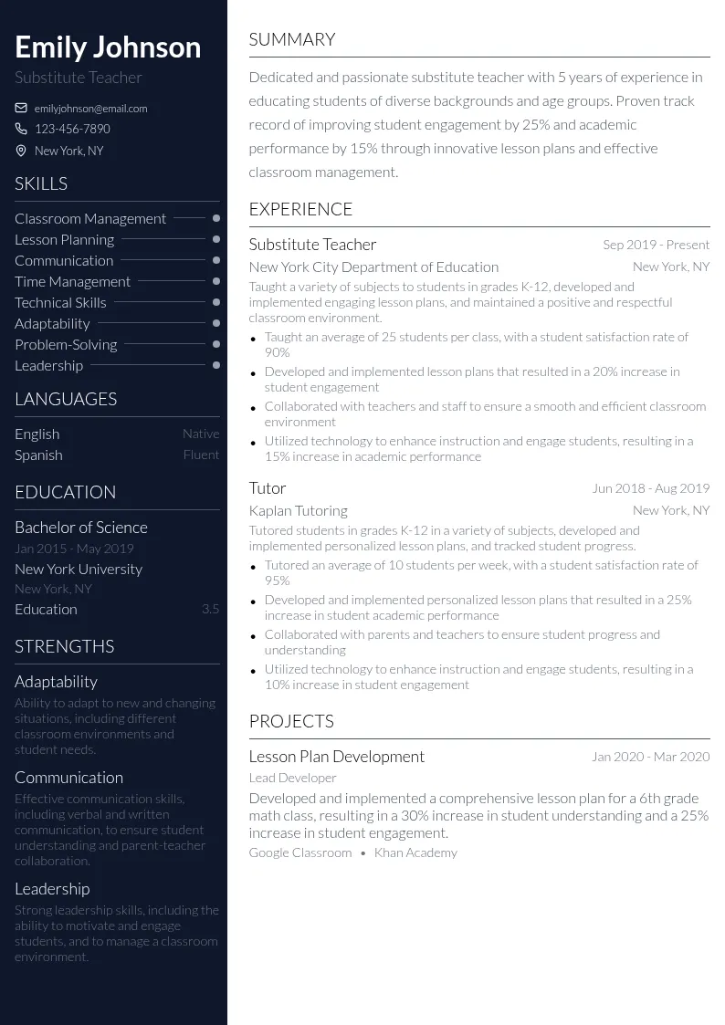 Substitute Teacher resume example