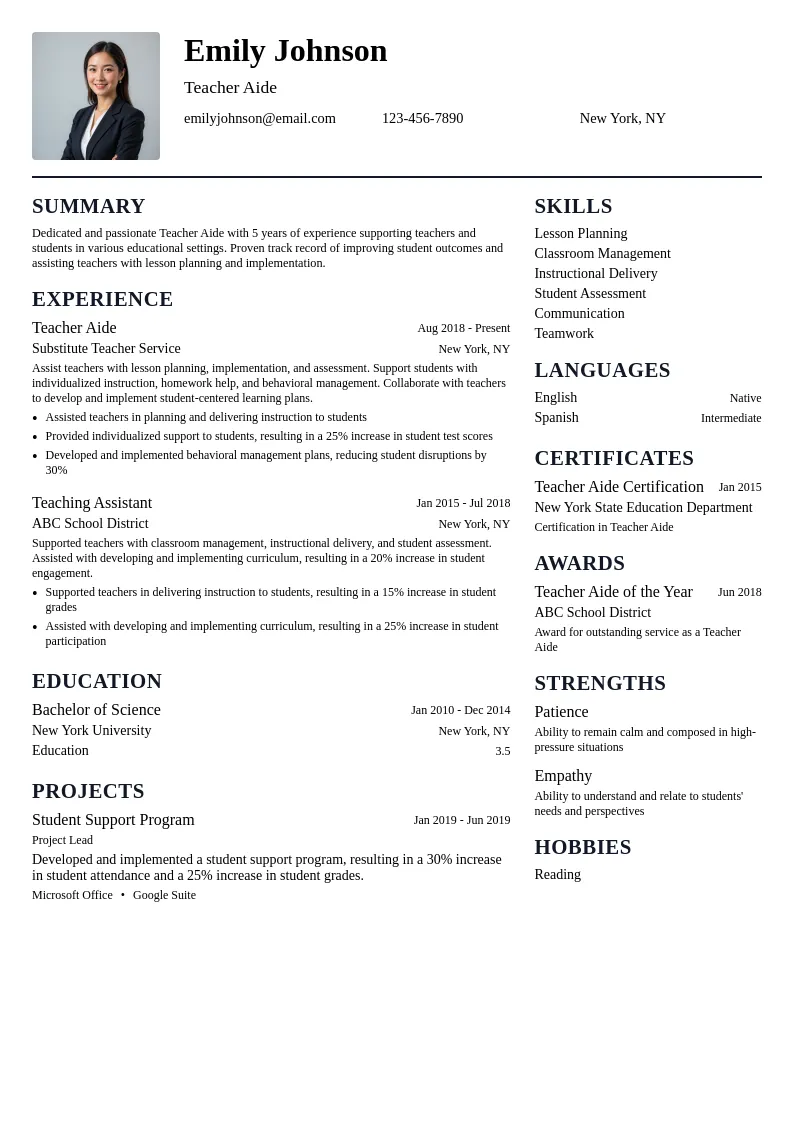 Teacher Aide resume example