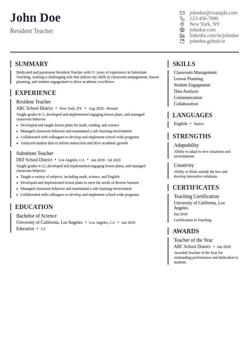 Resident Teacher resume example