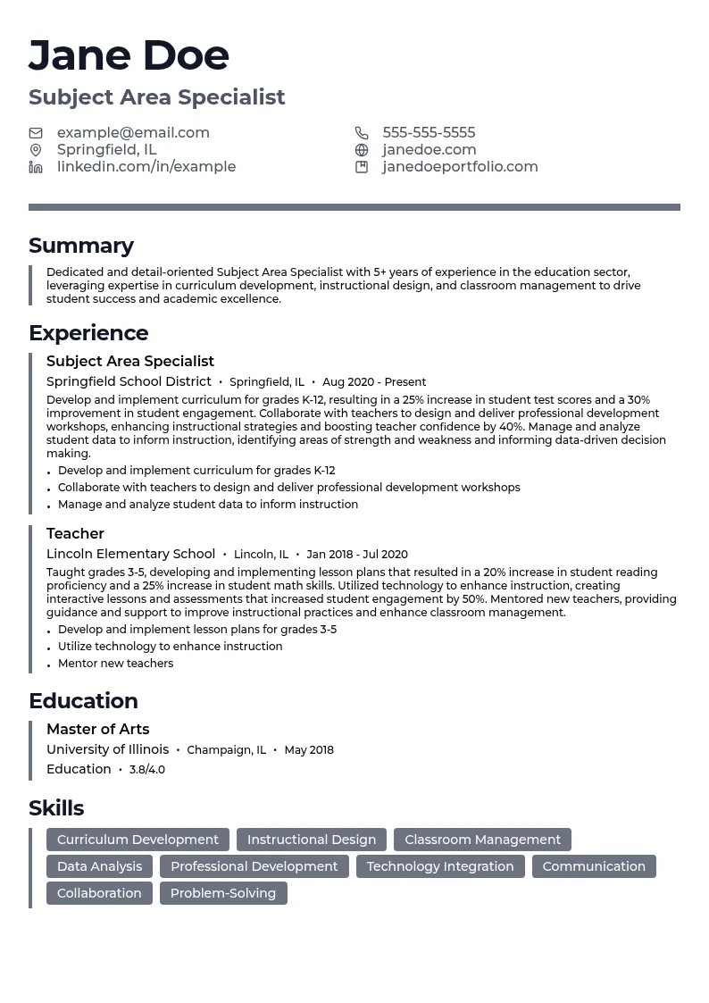 Subject Area Specialist resume example