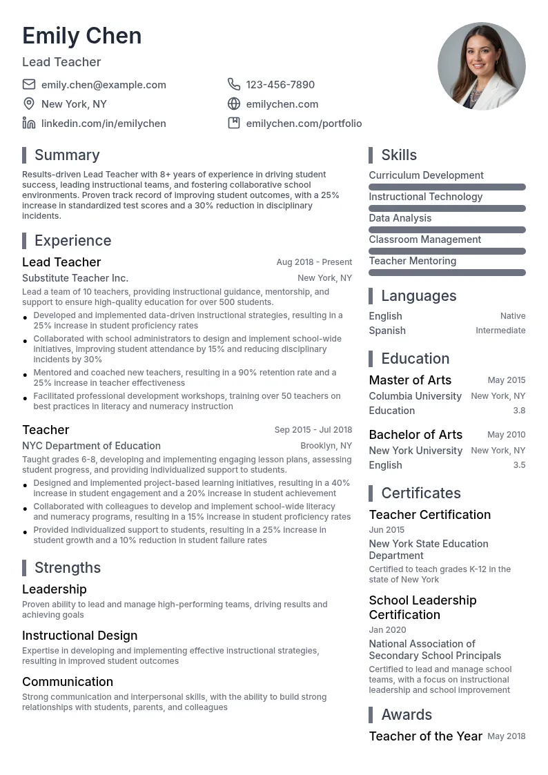 Lead Teacher resume example