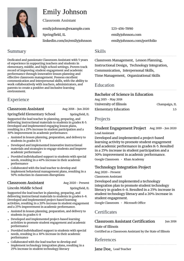 Classroom Assistant resume example