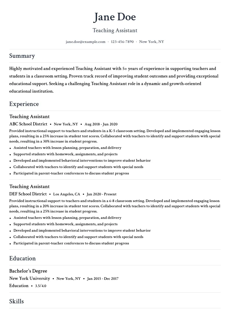 Teaching Assistant resume example