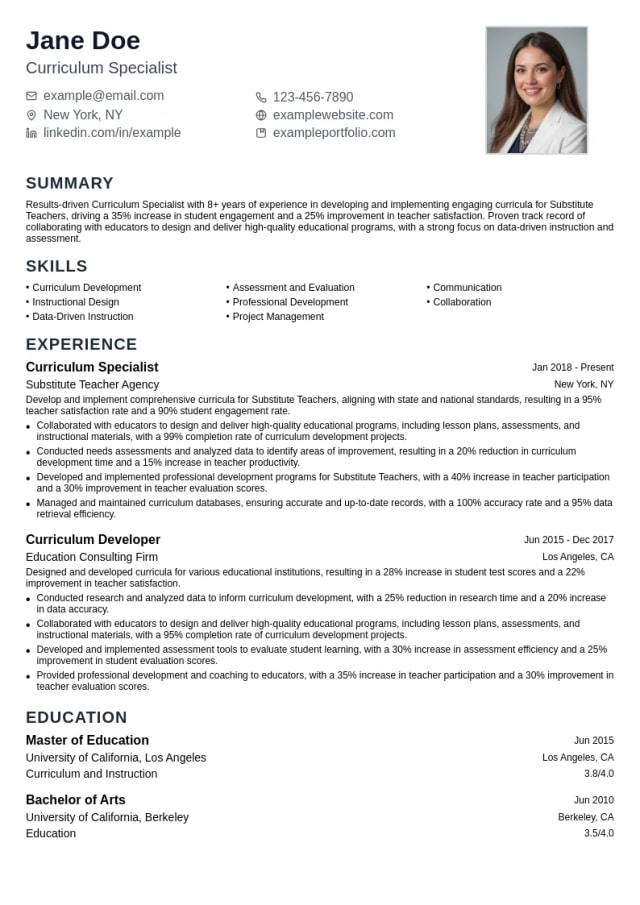 Curriculum Specialist resume example