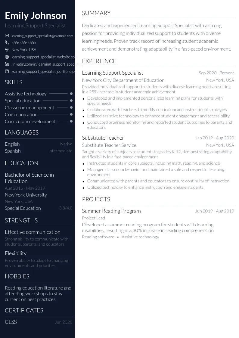 Learning Support Specialist resume example