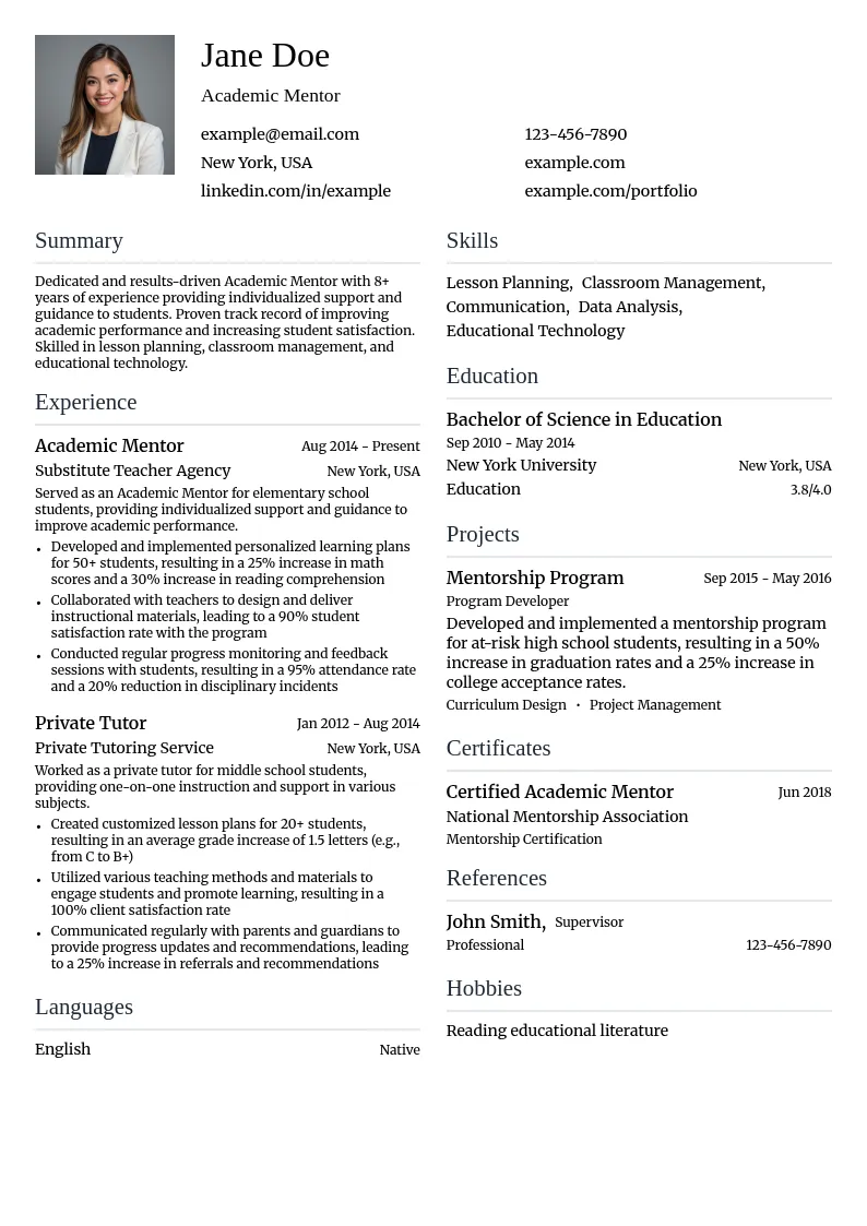 Academic Mentor resume example