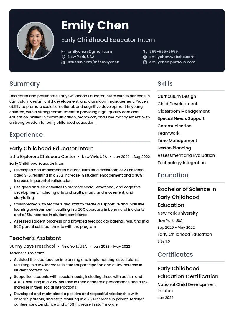 Early Childhood Educator Intern resume example
