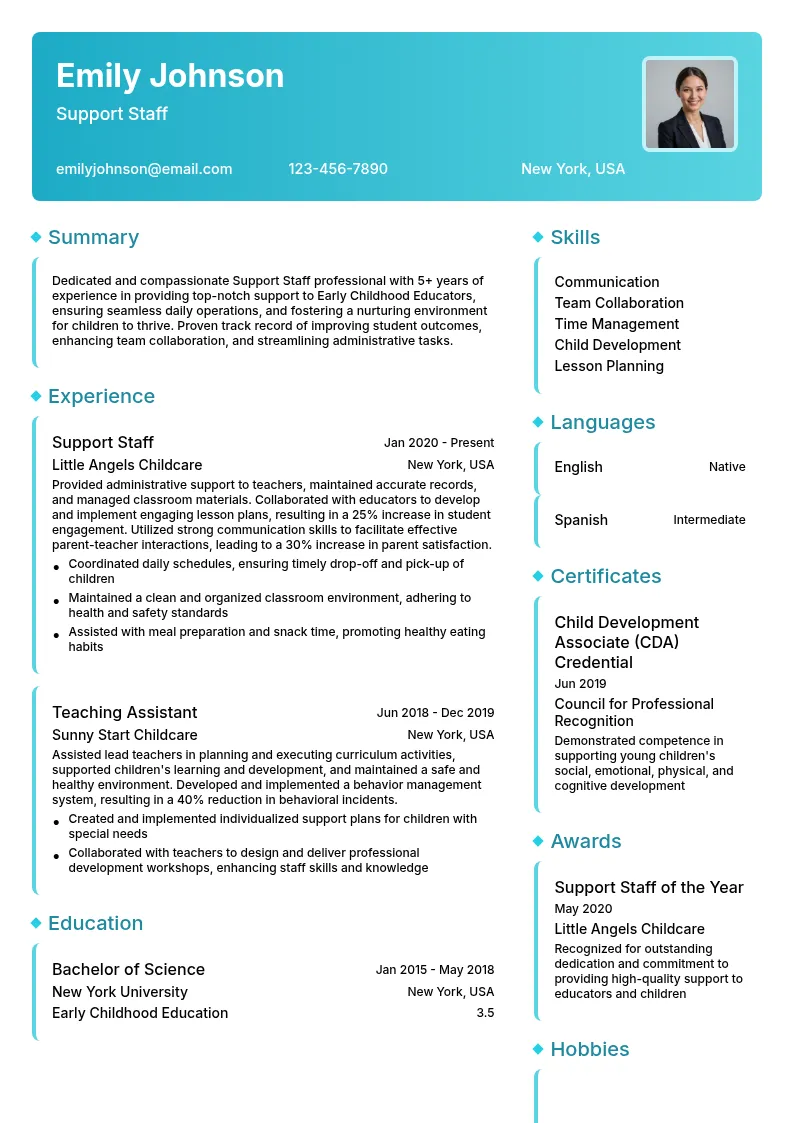 Support Staff resume example