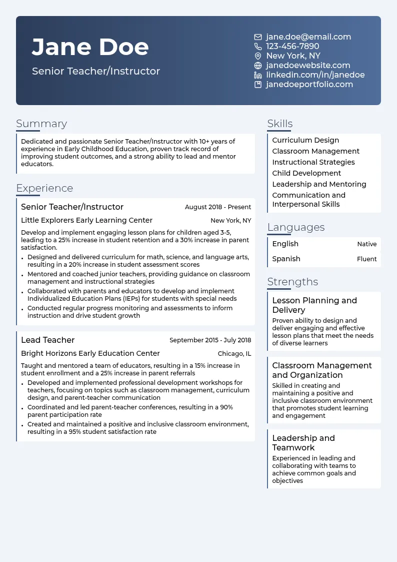 Senior Teacher/Instructor resume example