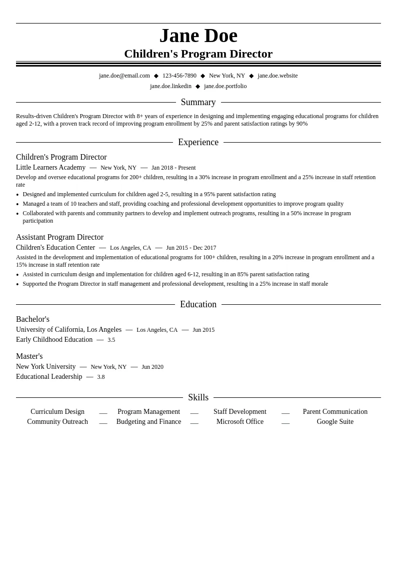 Children's Program Director resume example