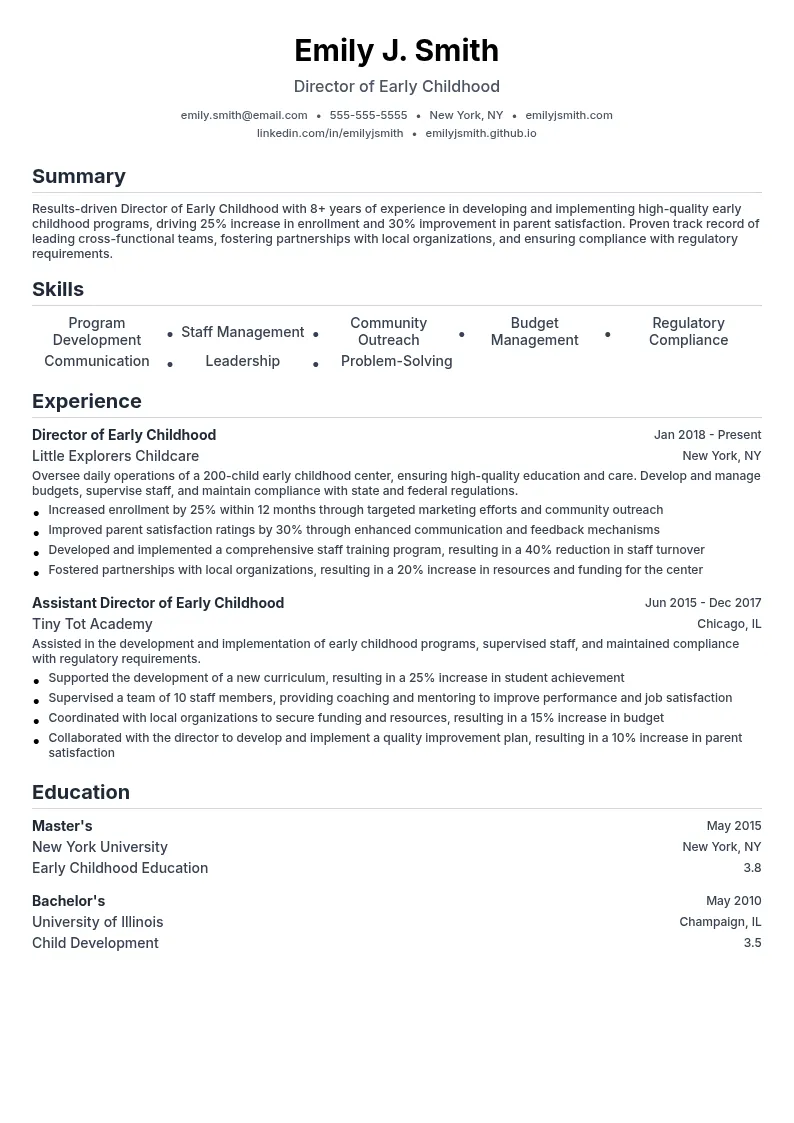 Director of Early Childhood resume example