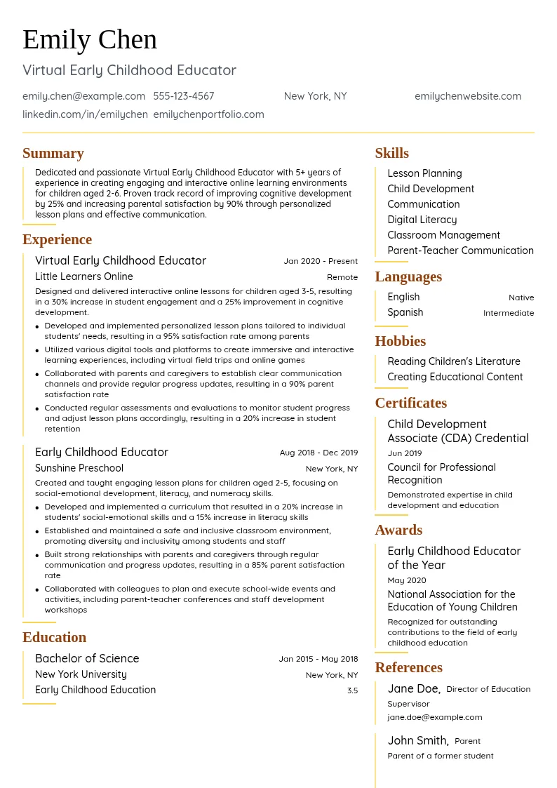 Virtual Early Childhood Educator resume example