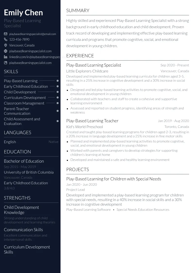 Play-Based Learning Specialist resume example